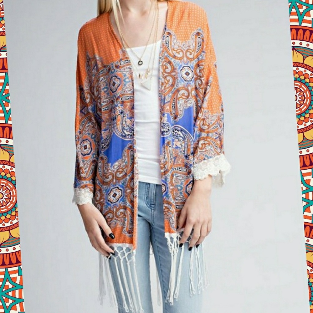 Boho Paisley Kimono With Lace & Fringe Detail - Picture 8 of 8